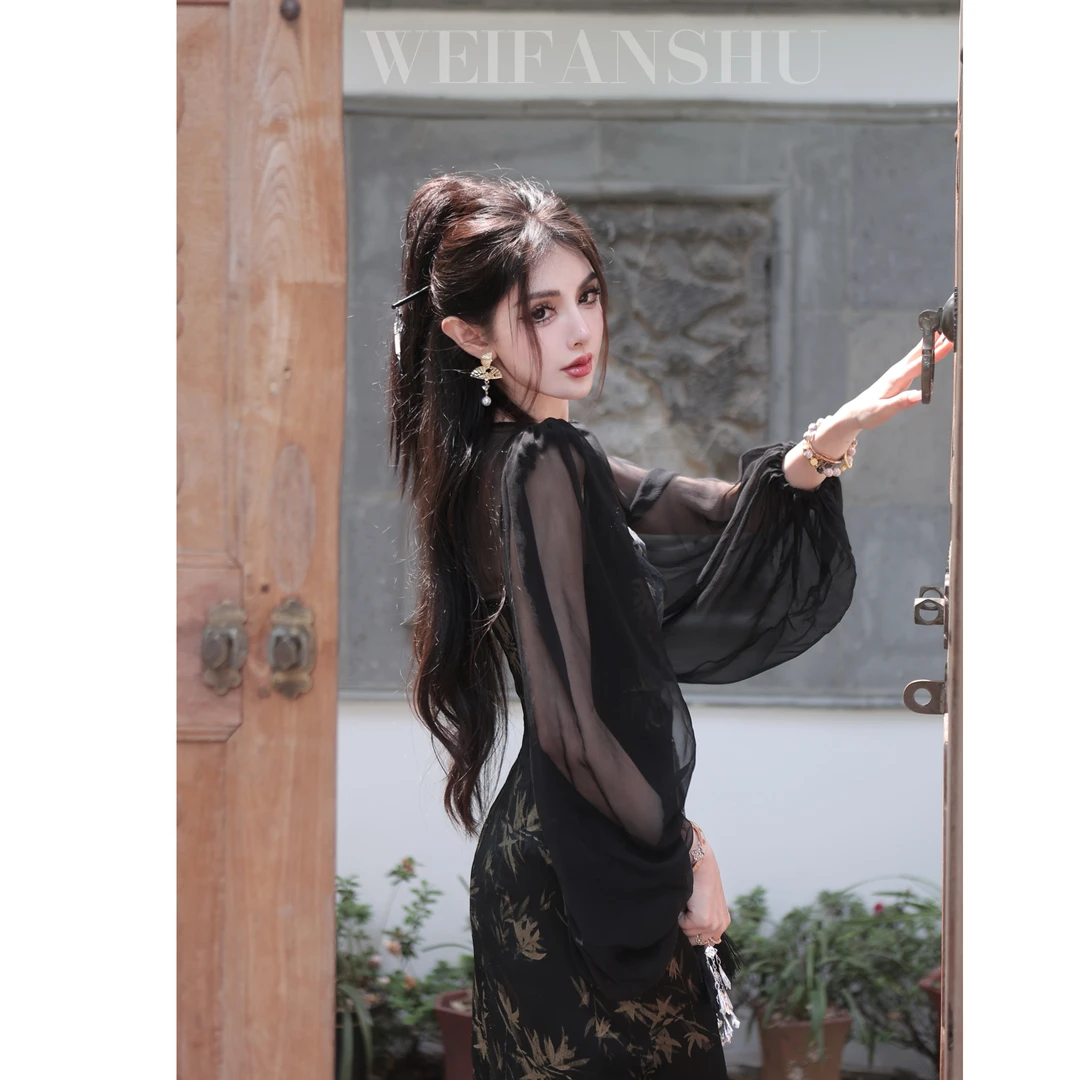 WEIFANSHU/魏凡舒【梦竹】新中式蕾丝连衣裙夏季长袖性感黑色中国风