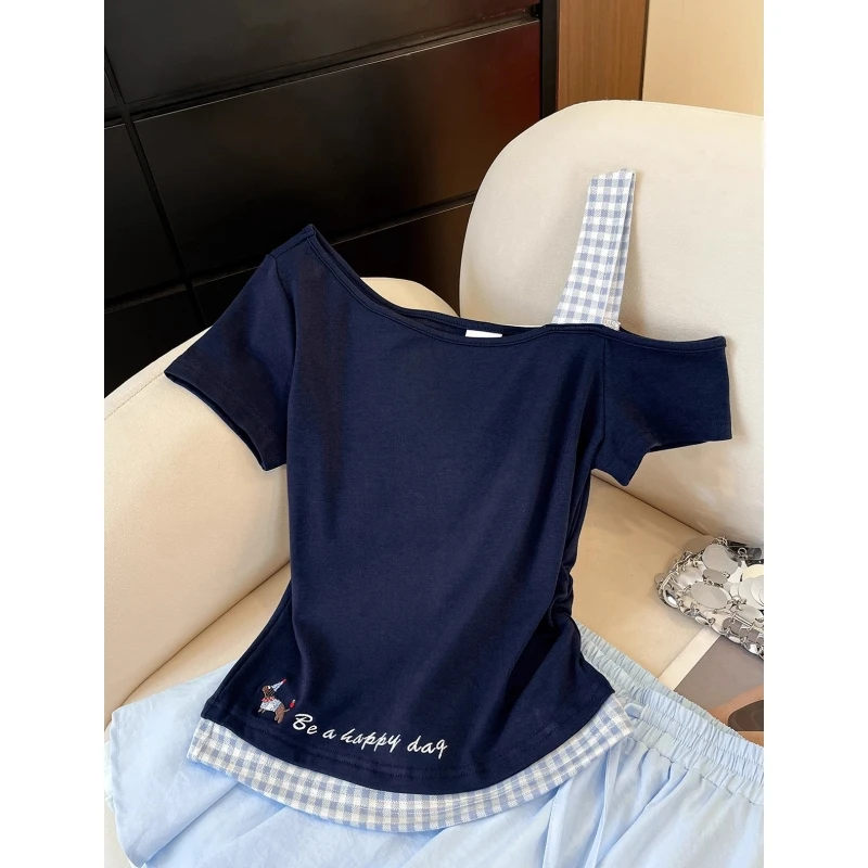 格纹拼接假两件短袖t恤女夏季新款设计感小众褶皱收腰显瘦上衣ins