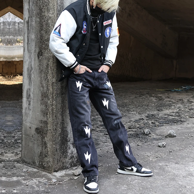 THIS WOW老白同款女男暗夜直筒蓝色裤子宽松牛仔裤直筒裤黑色裤子