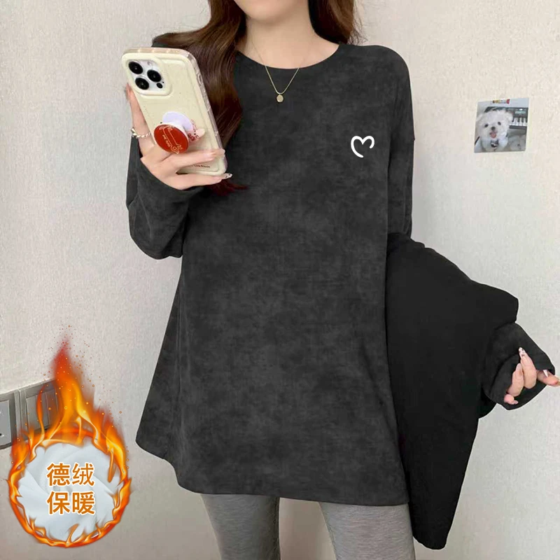 美式扎染德绒打底衫女秋冬卫衣内搭宽松遮屁股中长款t恤女长袖潮