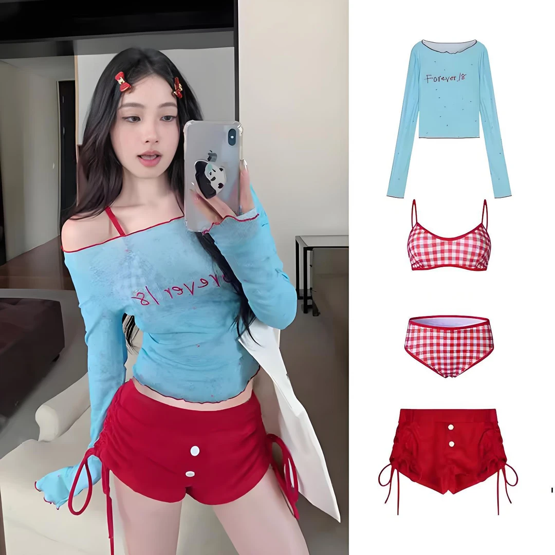 泳衣女款分体红格子四件套装纯欲小胸显瘦遮肉吊带比基尼温泉泳衣