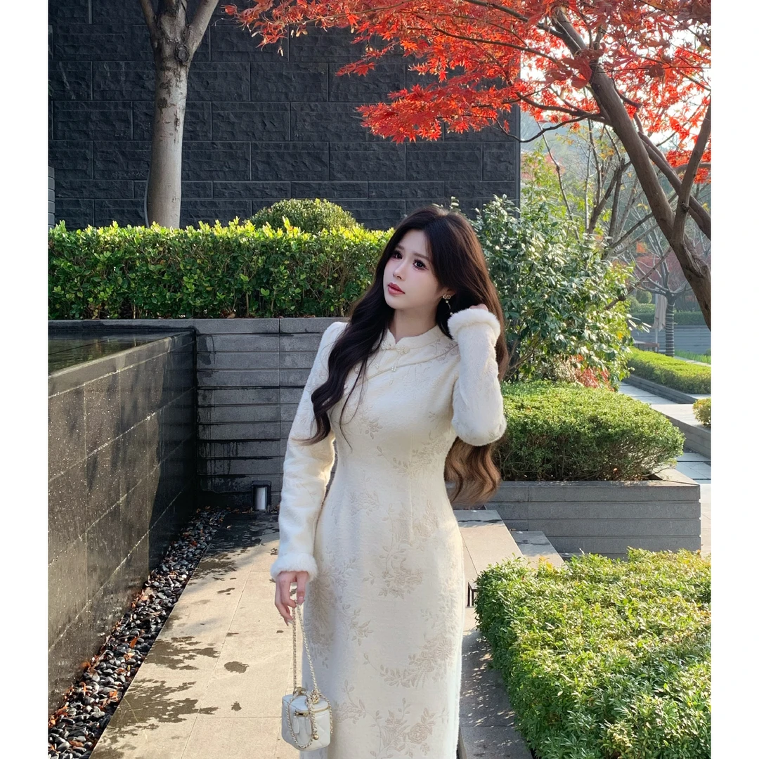 李潇洒【步步惊心】微胖新中式白色提花改良旗袍冬清冷感收腰连衣裙