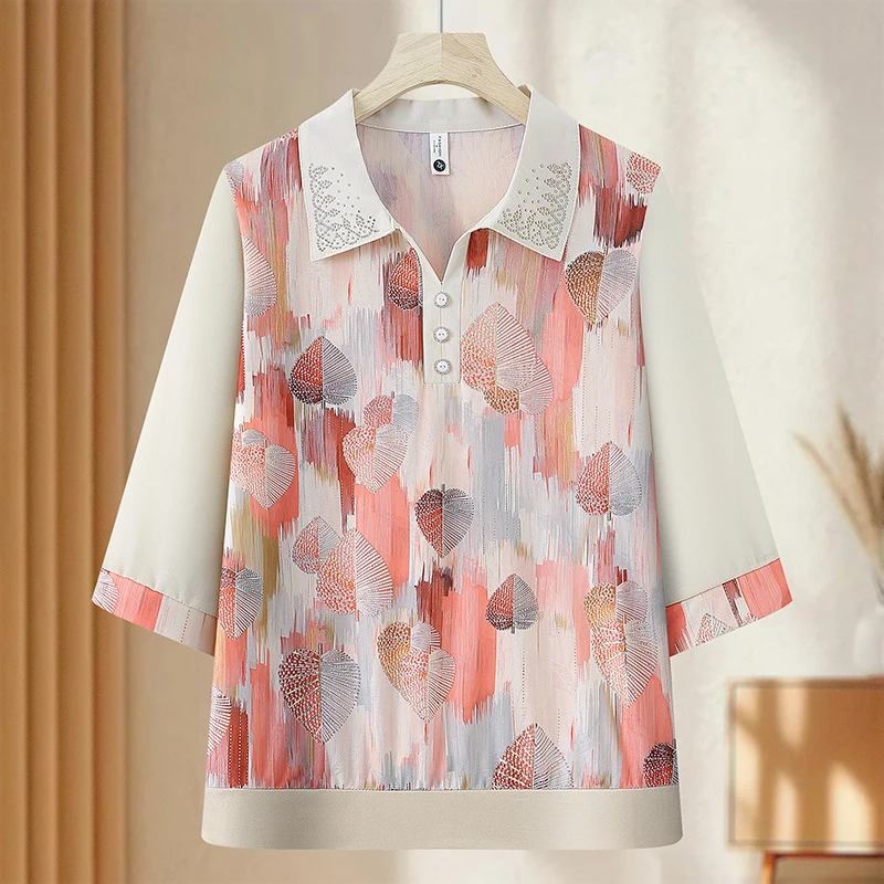 中老年女装新中式妈妈七分袖外套印花雪纺衫风夏季小衫夏装碎花