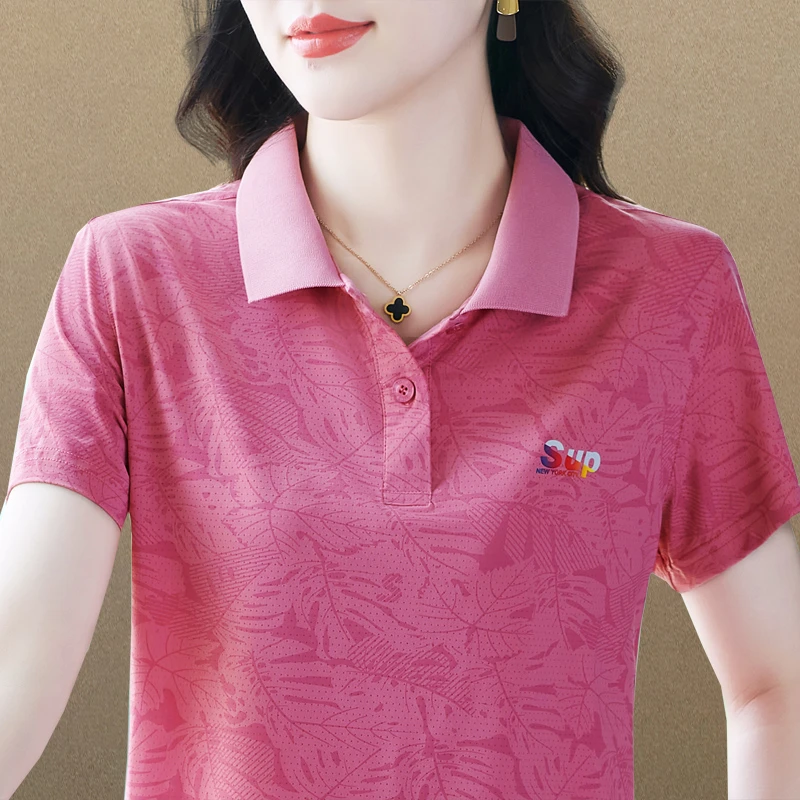 808皮粉短袖t恤女春夏翻领印花Polo衫洋气中年妈妈休闲运动上衣