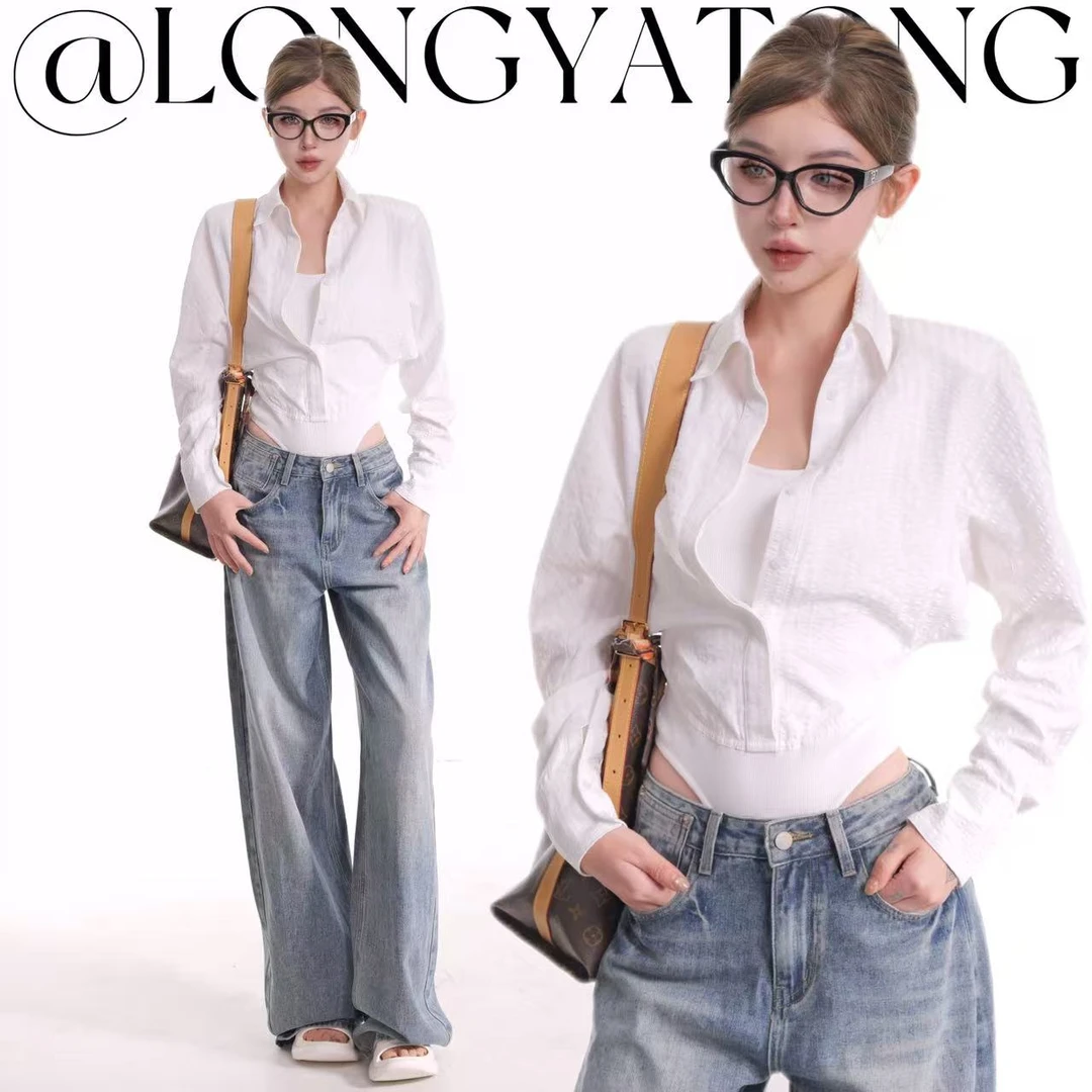 龙牙童推荐【连体假两件】显瘦气质女款外穿韩系连体衬衫小众设计感