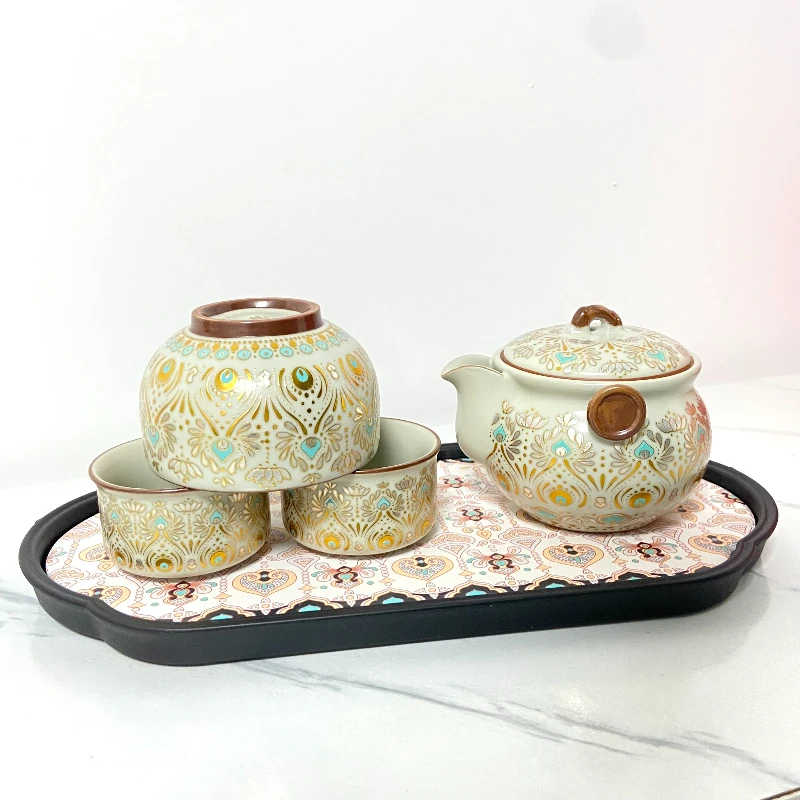 ZH3533-敦煌手抓宝瓶+2个客杯+1个禅定主人杯+牡丹茶盘