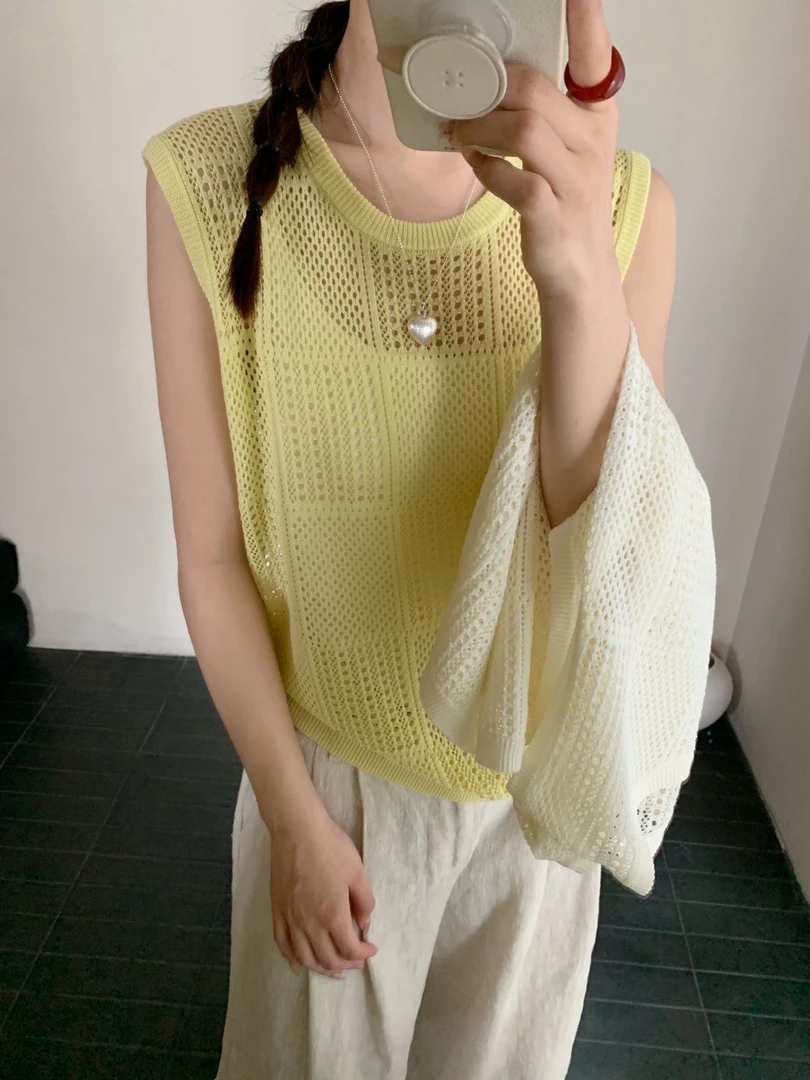 【素简.500160】夏款上新兰精亚麻方格背心清爽女装混纺针织衫