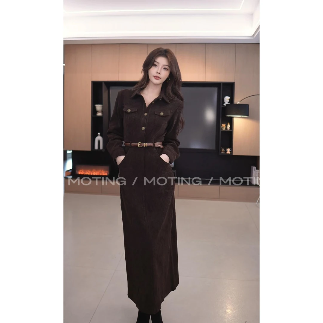 【高知姐姐2.0】灯芯绒气质时尚Polo领法式工装复合收腰显瘦连衣裙