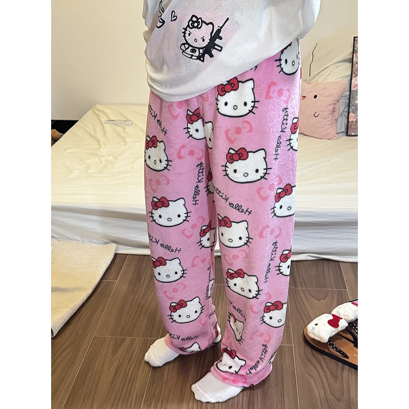 宽松高腰百搭时尚休闲长裤女士秋冬法兰绒厚款卡通KT猫印睡裤