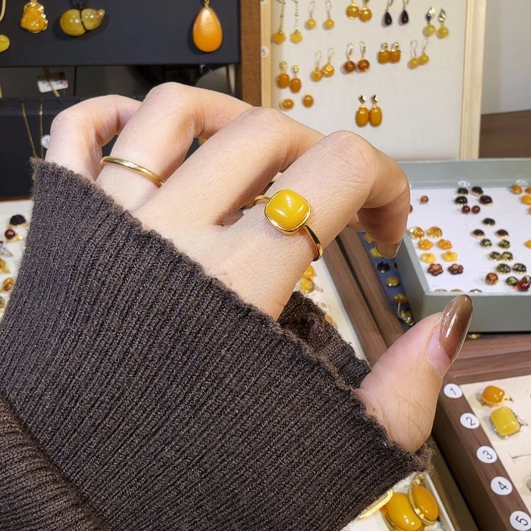 蜜蜡银S925镀金镶嵌戒指