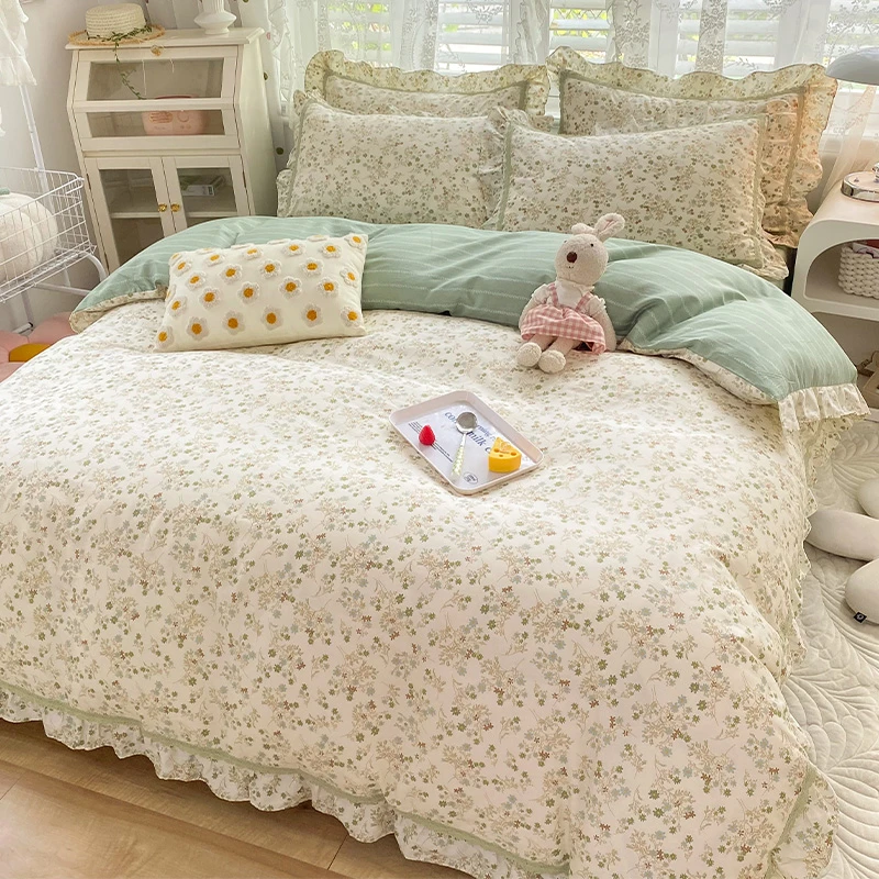 皇后娘娘  韩式小碎花全棉床品四件套少女心田园风纯棉床单被套