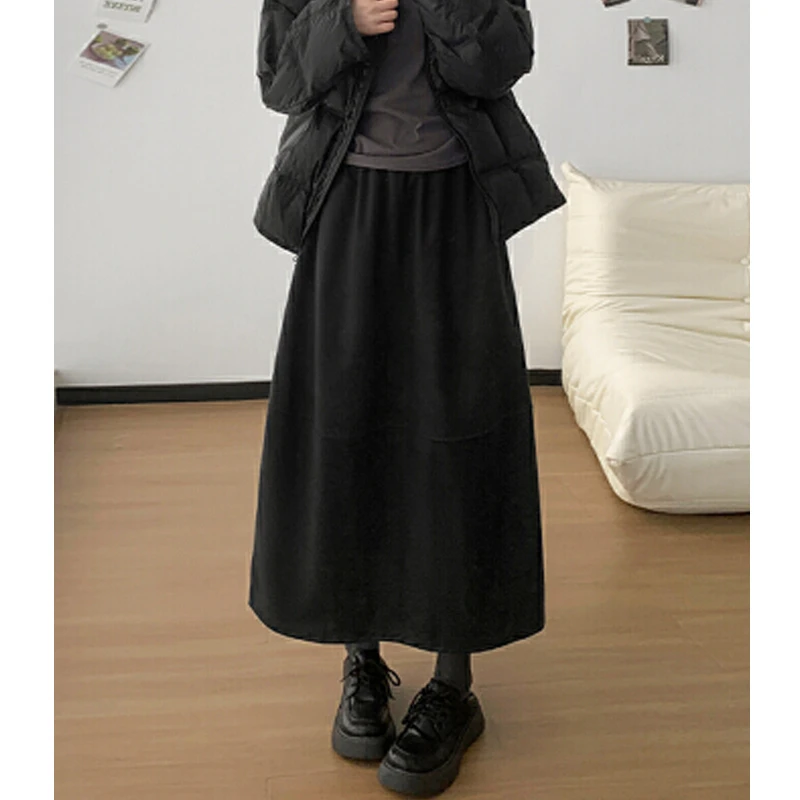 【黑絮软褶】松紧腰毛呢花苞裙女冬季拼接a字中长款高腰半身裙3061
