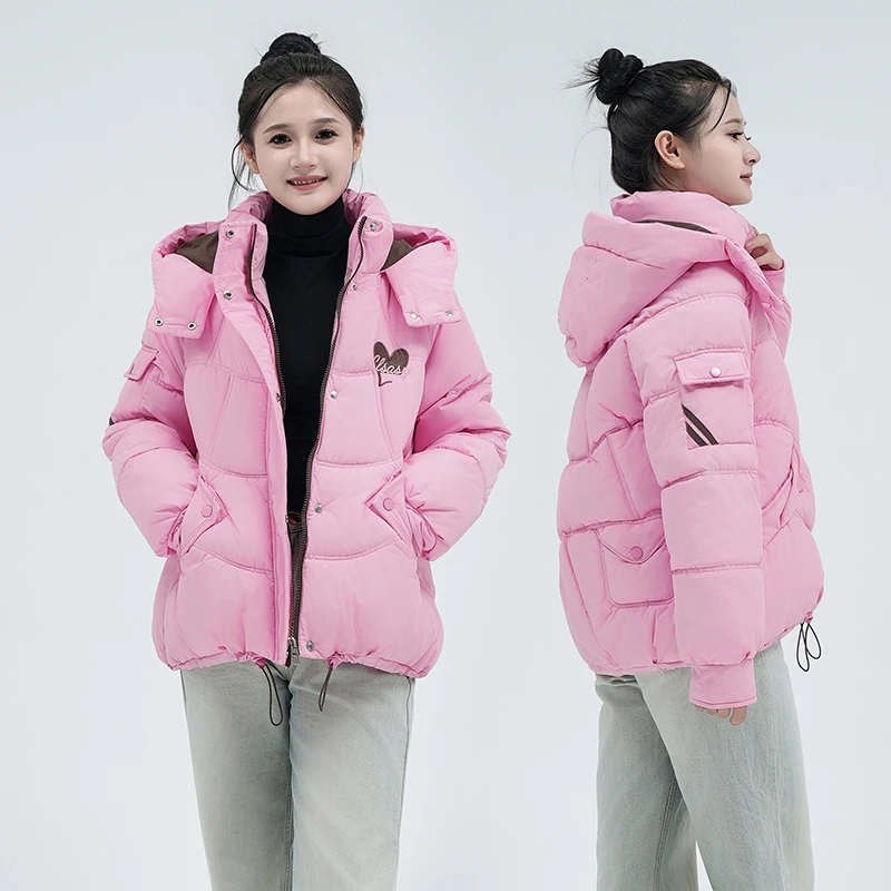 连帽棉服洋气冬装女士粉色韩系面包服冬季短款棉衣YJ801