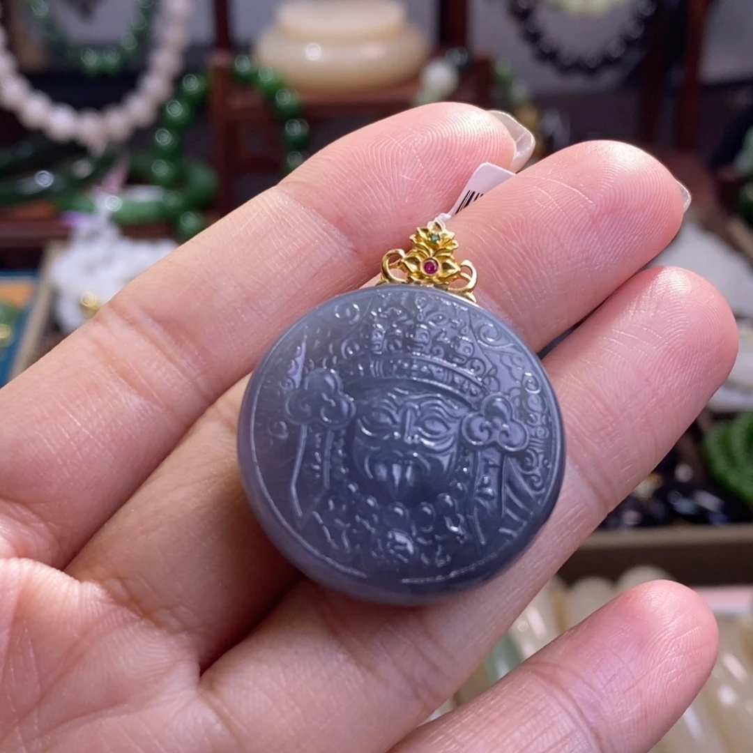 和田玉孤品福利老矿料高冰浓烟字18.k扎基未镶嵌