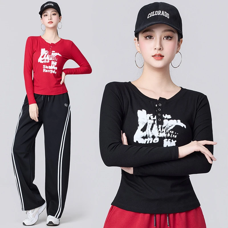 广场舞服装秋季新款时尚百搭字母涂鸦修身T恤运动跳操跑步团体服