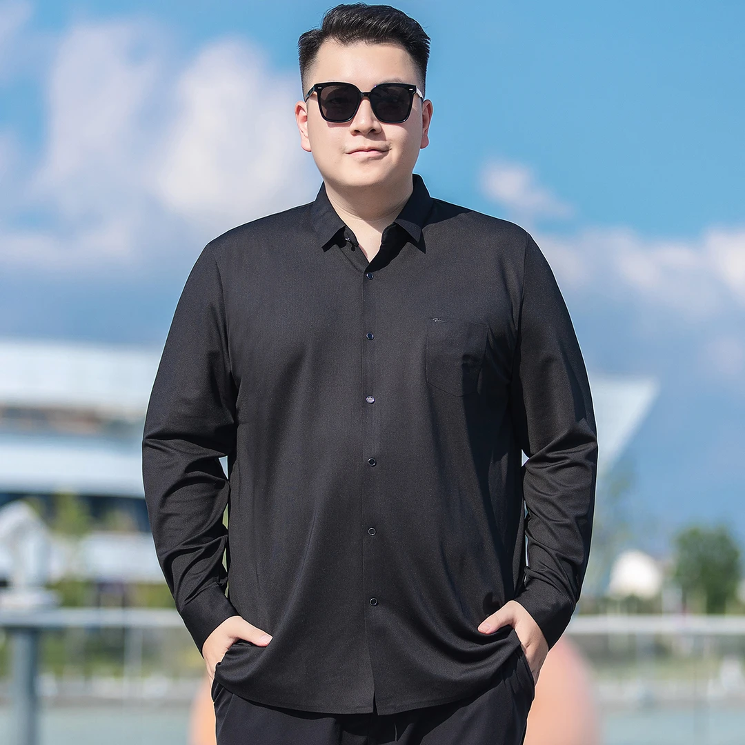 春秋时尚翻领无痕长袖衬衫男大码免烫上衣服肥佬商务休闲纯色衬衣