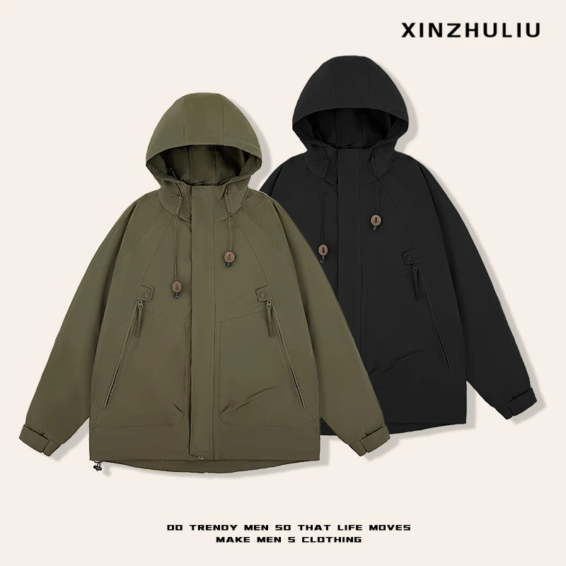 【春季新款连帽外套】舒适百搭户外日系工装冲锋衣连帽外套6002