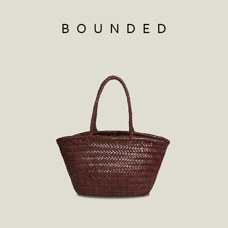 Bounded法式头层牛皮真皮手工编织包手提包高级菜篮子托特包旅游