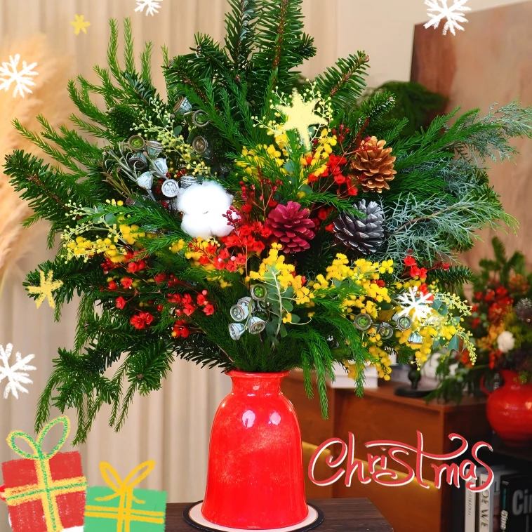 【圣诞花束】圣诞节日花束真绿植松树花艺场景氛围感花束冬日可干花