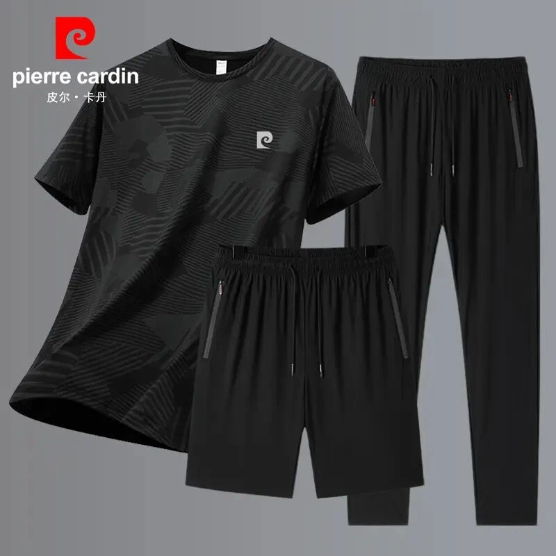 皮尔卡丹休闲套装男士夏季2025新款休闲跑步服冰丝短袖T恤三件套