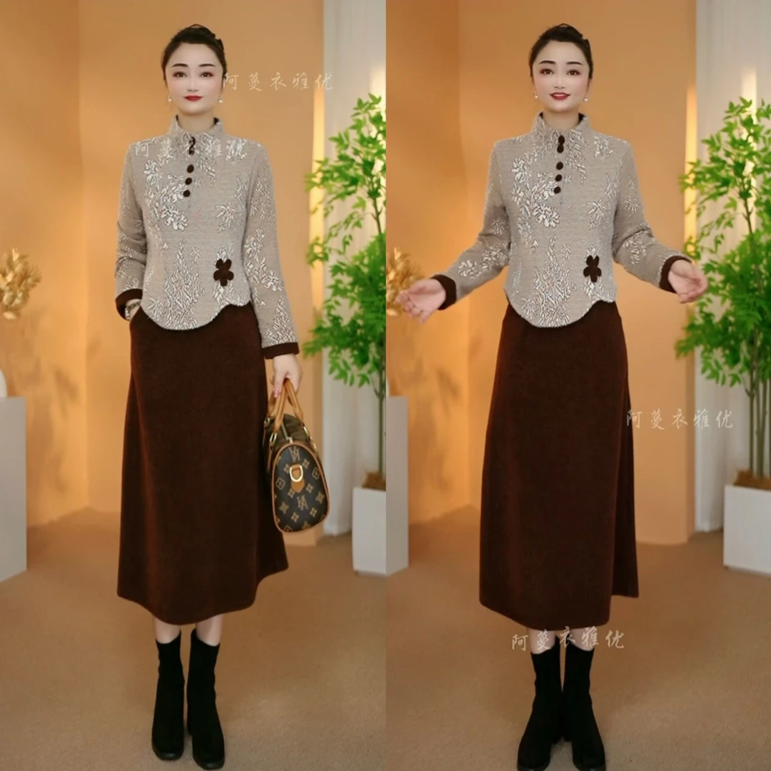 【衣雅严选】8083-2573#新款秋冬款加厚优雅定位花假两件连衣裙