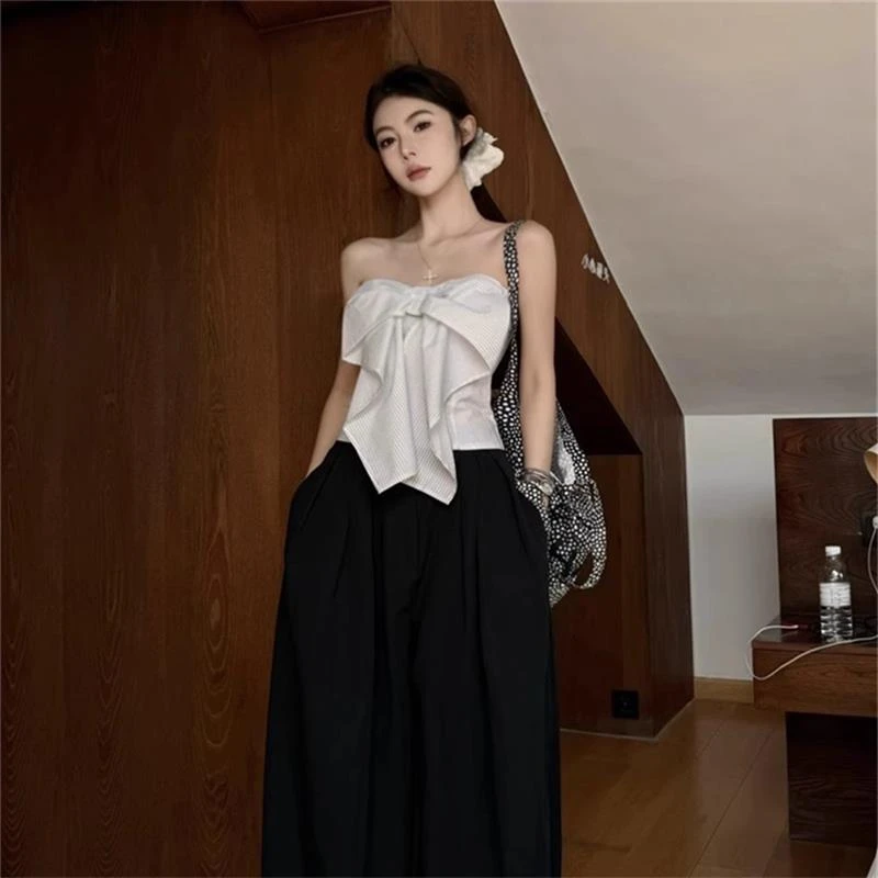 法式条纹蝴蝶结露肩抹胸背心女夏季设计感小众性感别致绝美小上衣