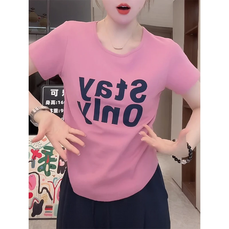 韩系简约字母印花短袖T恤女2025夏季新款小众设计感修身显瘦上衣