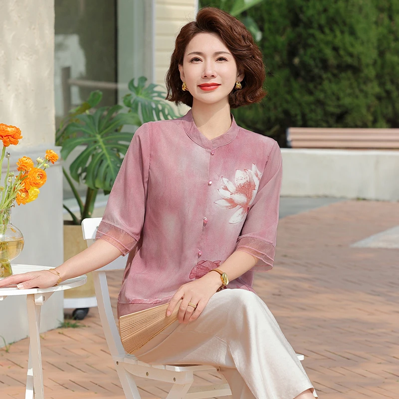 时尚洋气妈妈装新中式气质显瘦中老年女装夏季中国风宽松上衣开衫