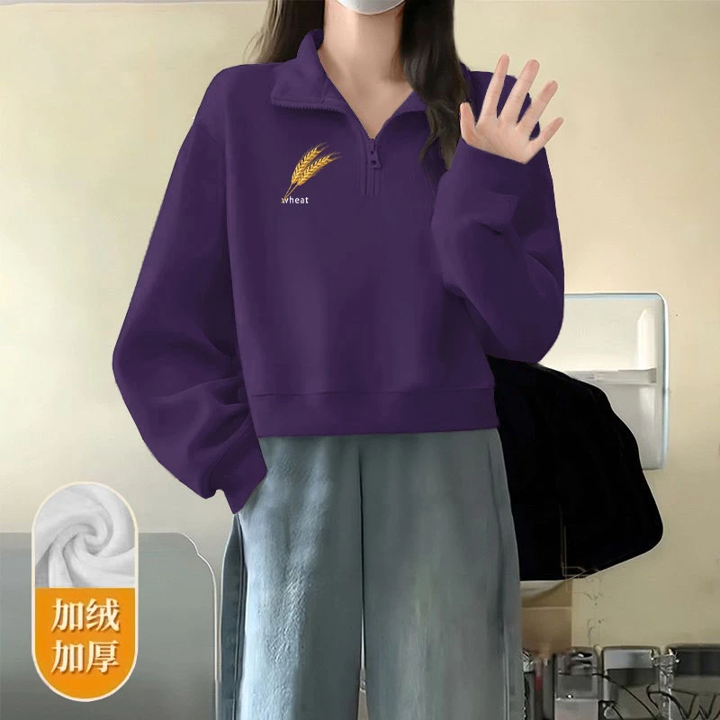 加绒/不加绒印花简约翻领洋气半拉链短款卫衣女士华棉小个子外套
