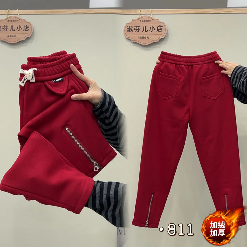 冬季加绒加厚小脚拉链卫裤女胖mm百搭九分裤小个子高腰休闲裤/811