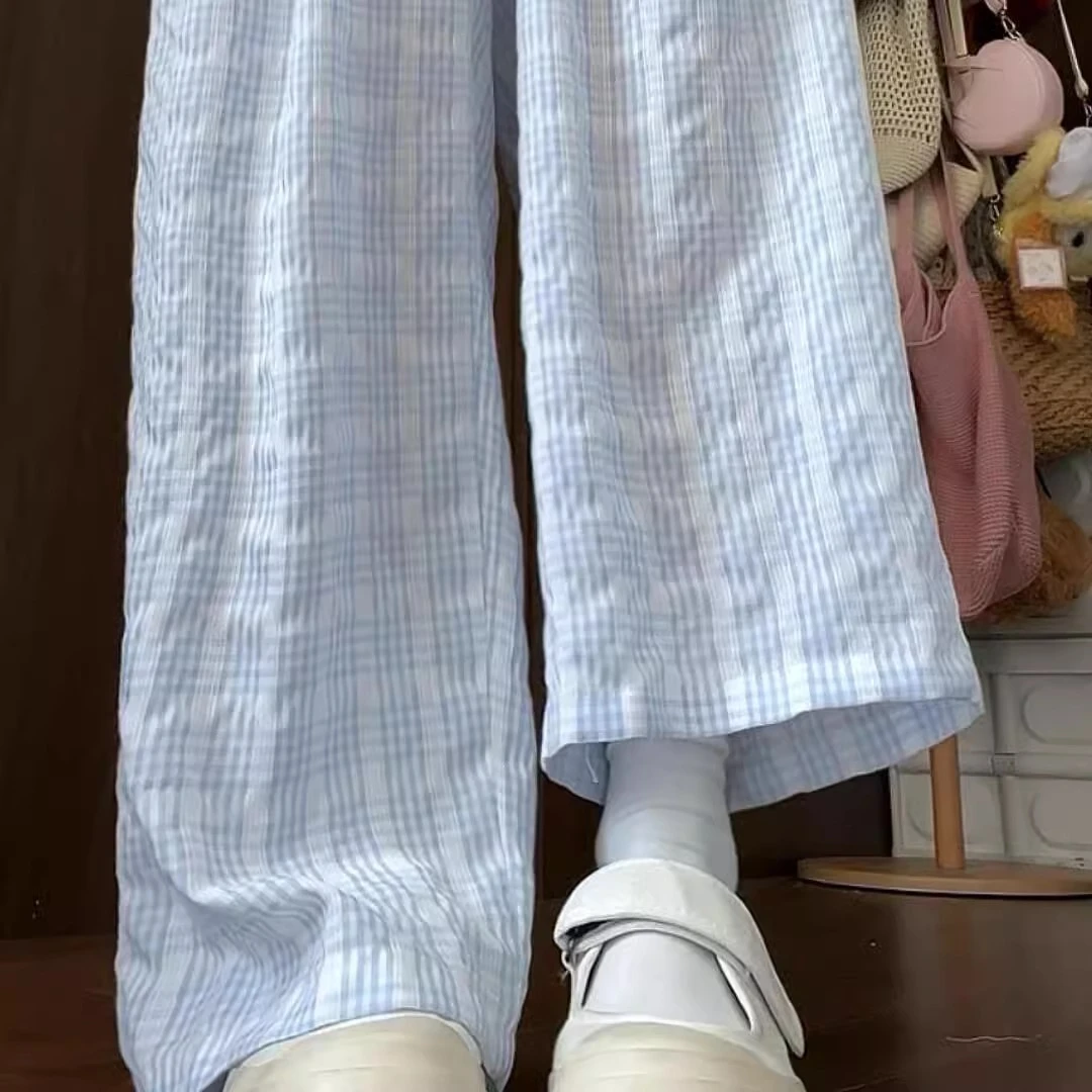 韩系奶芙蓝色冰丝凉感山本裤女夏季薄款显瘦直筒休闲遛弯阔腿长裤