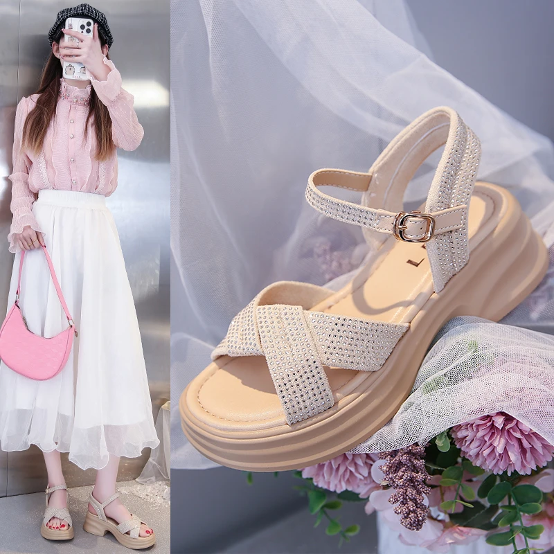 满钻凉鞋女士时尚休闲百搭夏季软底学生厚底坡跟网红高跟平底韩版