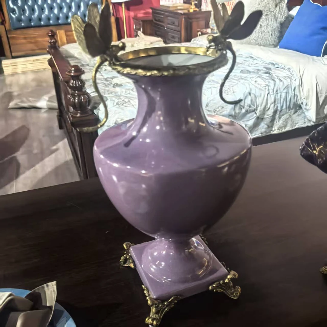 复古铜配瓷手绘花瓶钧瓷窑变釉双耳赏瓶居家装饰摆件