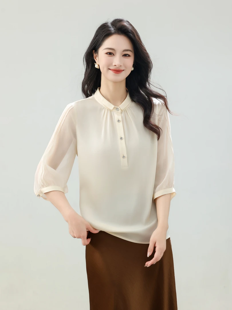 【金款款】七分袖真丝衬衫女时尚小翻领桑蚕丝上衣8K048