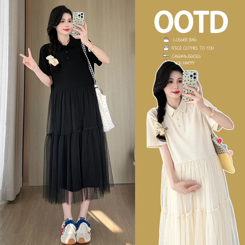 现货夏季新款收腰裙子时尚百搭女遮腹网纱休闲高级气质Polo裙