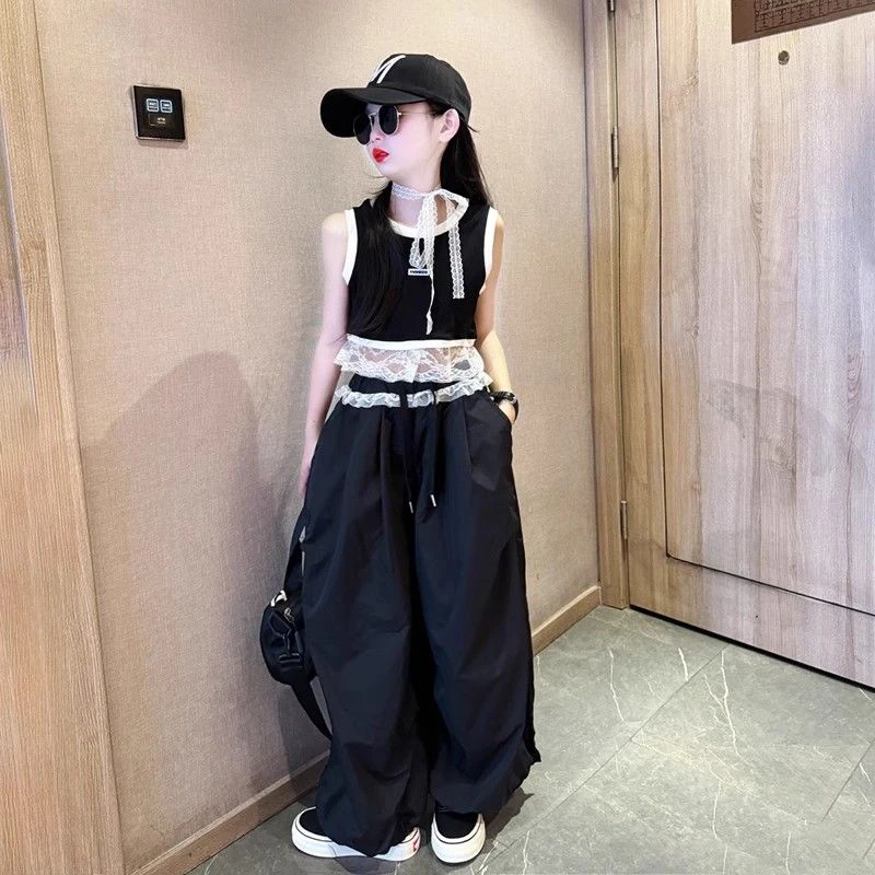 女童夏款背心工装裤套装儿童炸街跳舞表演服潮流阔腿裤T恤两件套