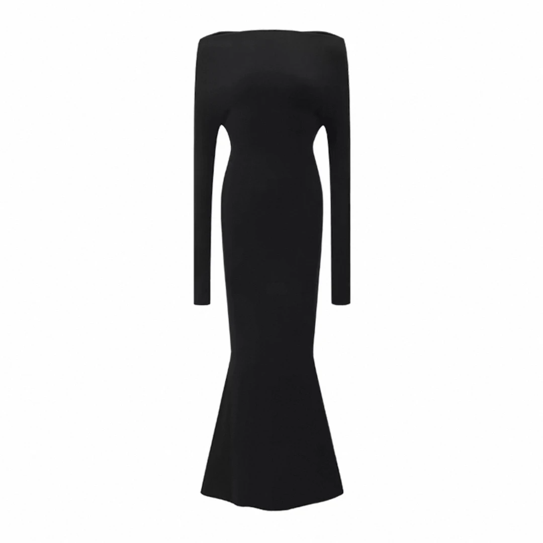 高级感气质一字领露肩超模鱼尾连衣裙0879