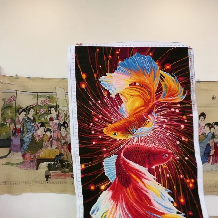 棉手工十字绣成品竖版锦鲤一米七高满绣