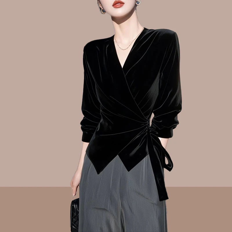 时尚气质黑色v领衬衫女士2025春秋新款修身显瘦长袖洋气气质上衣