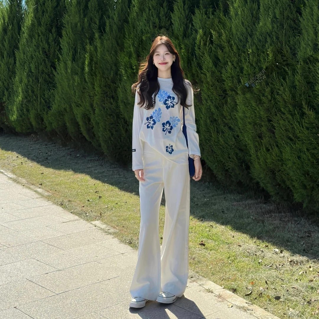 夏季新款洋气休闲装时尚百搭印花上衣宽松垂感裤子纯欲风套装女