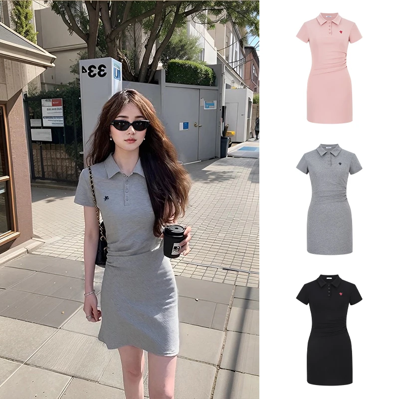 Moses Queen/魔西女王POLO领刺绣短袖连衣裙女收腰显瘦包臀裙短裙