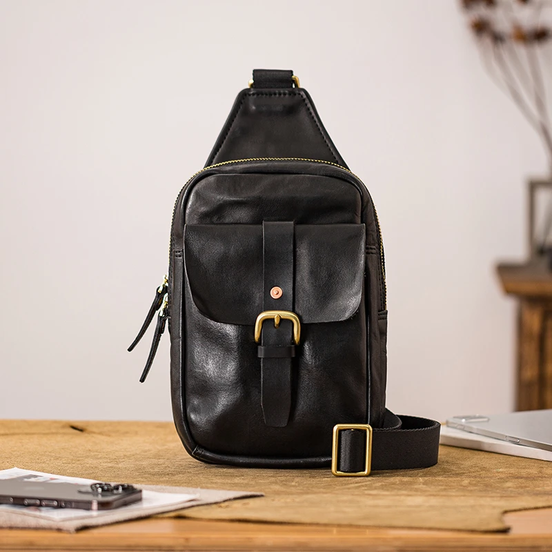 后步真皮男士胸包头层植鞣牛皮斜挎单肩复古潮牌休闲百搭骑行背包