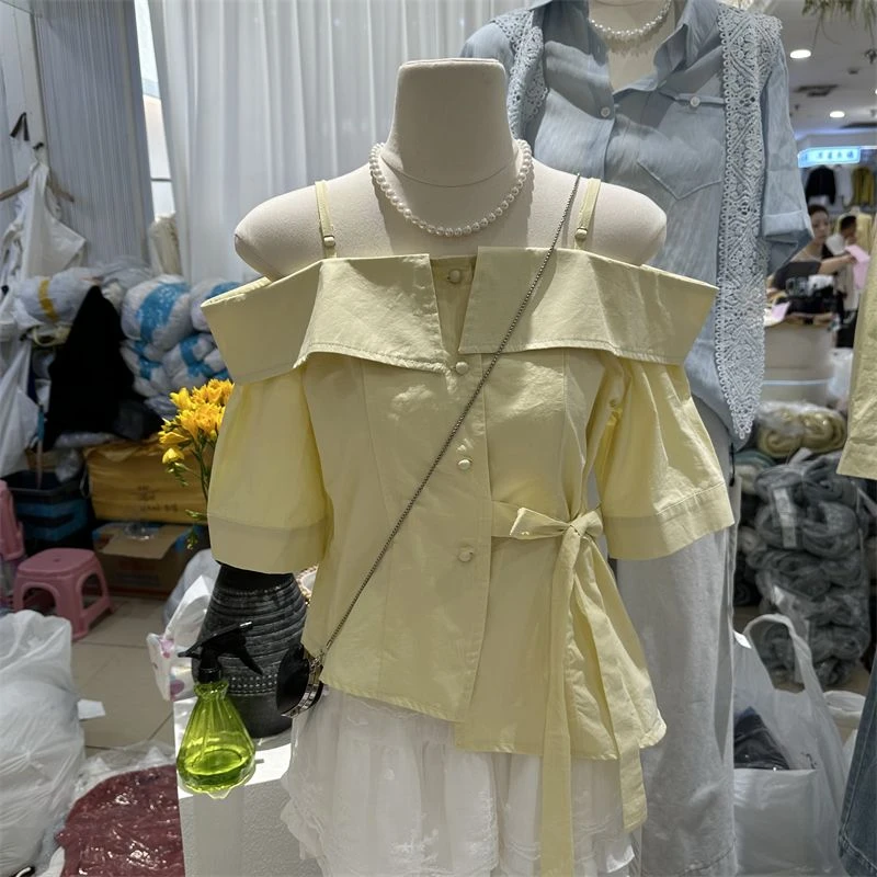 小众常规泡泡袖收腰韩版短袖衬衫袖衬衫一字领系带上衣夏季气质