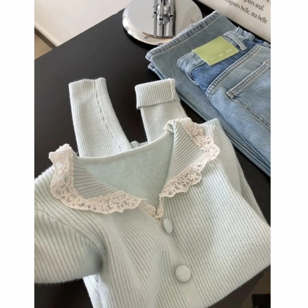 秋冬新款温柔风精致蕾丝花边娃娃领针织衫慵懒上衣女527#0.15