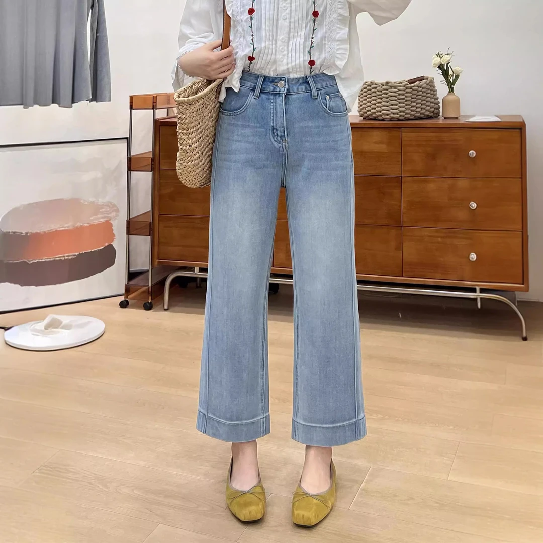 微胖大码显瘦女裤春夏新款浅蓝色牛仔裤小个子高腰显瘦九分直筒裤