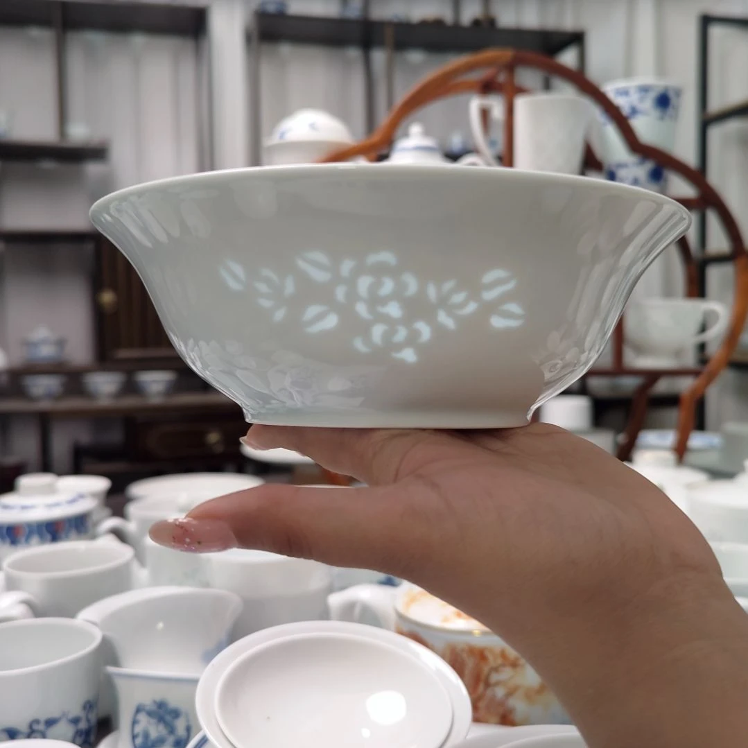 瓷青釉玉牡丹7寸面碗两只装