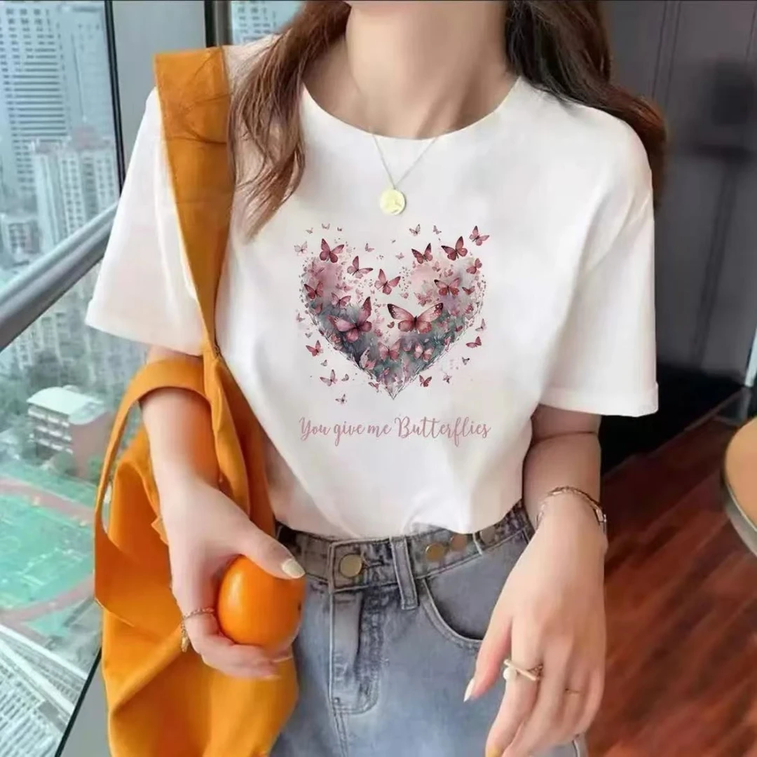 新款纯棉短袖洋气【爱心蝴蝶】百搭短袖女t恤爆款减龄白色t恤女上衣
