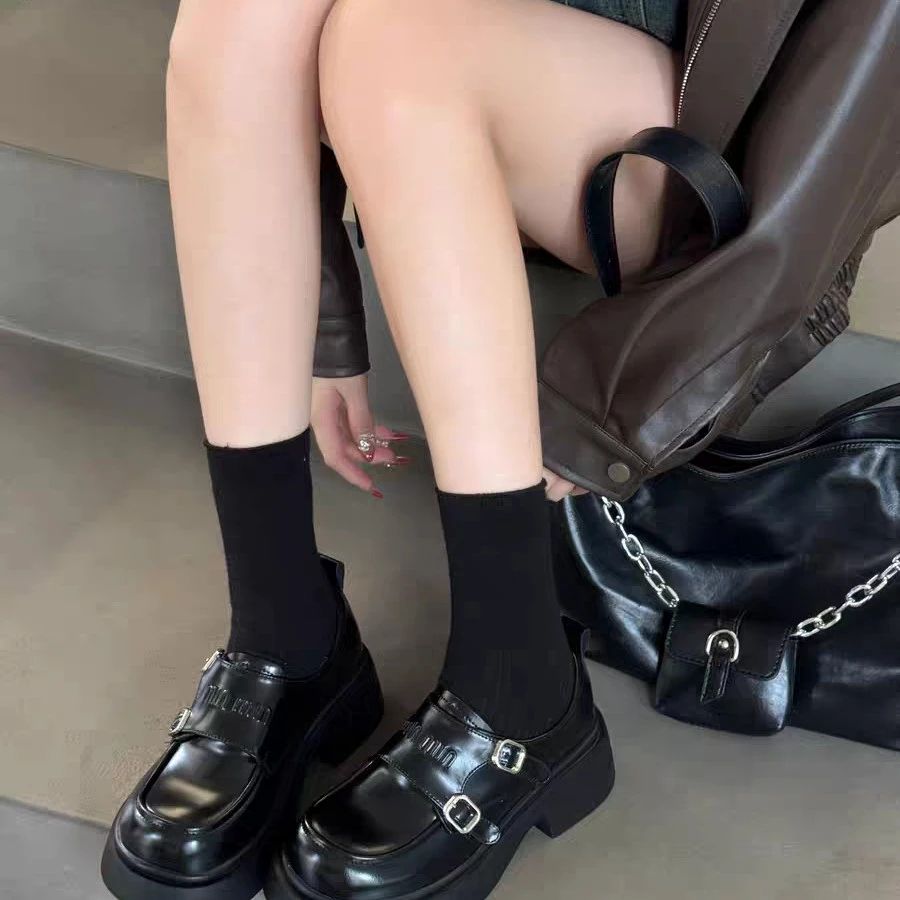 66-118香港英伦风小皮鞋女新款复古百搭增高厚底松糕乐福鞋