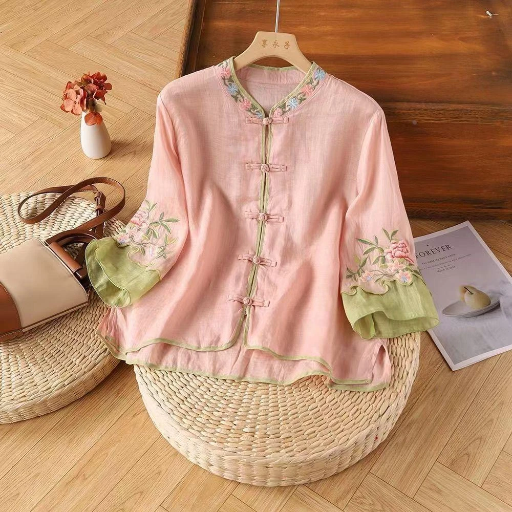 轻奢品牌休闲绣花大码衬衫女新中式国风汉服刺绣宽松盘扣开衫上衣