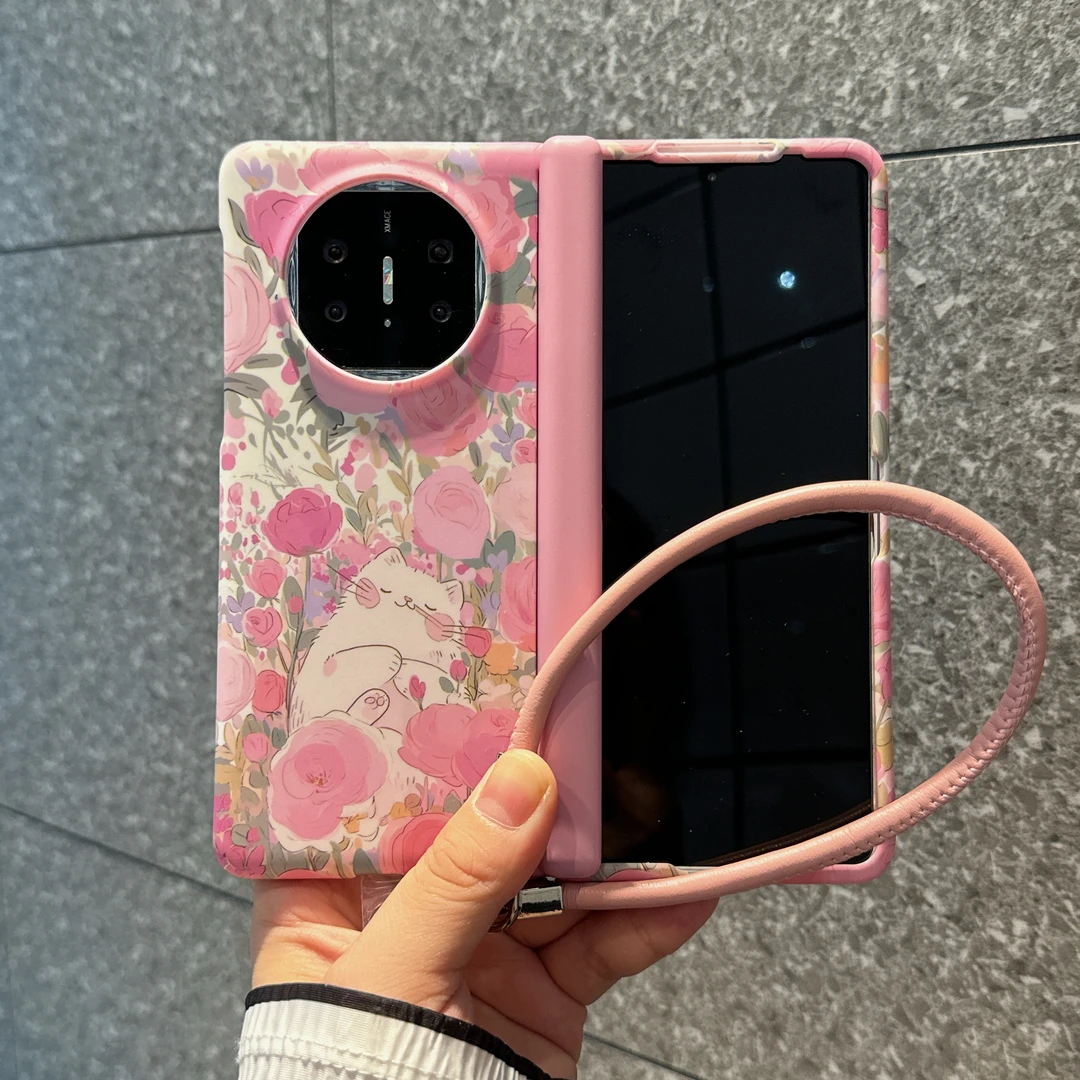 花丛小猫适用华为matex6/x5折叠手机壳磁吸中轴vivo xfold5手绳X7
